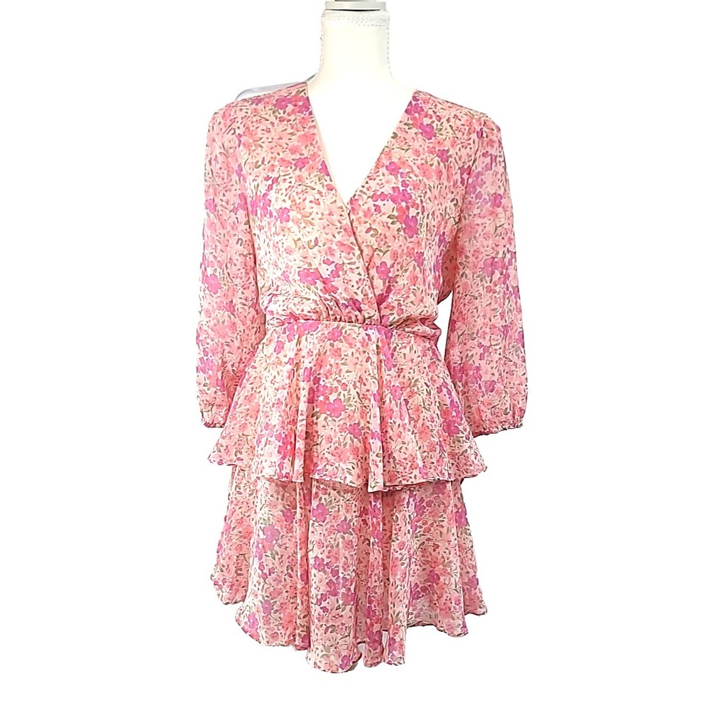 DO+BE Dress Womens L Pink Mini Long Sleeve Floral Tiered Wrap V-Neck Lined‎